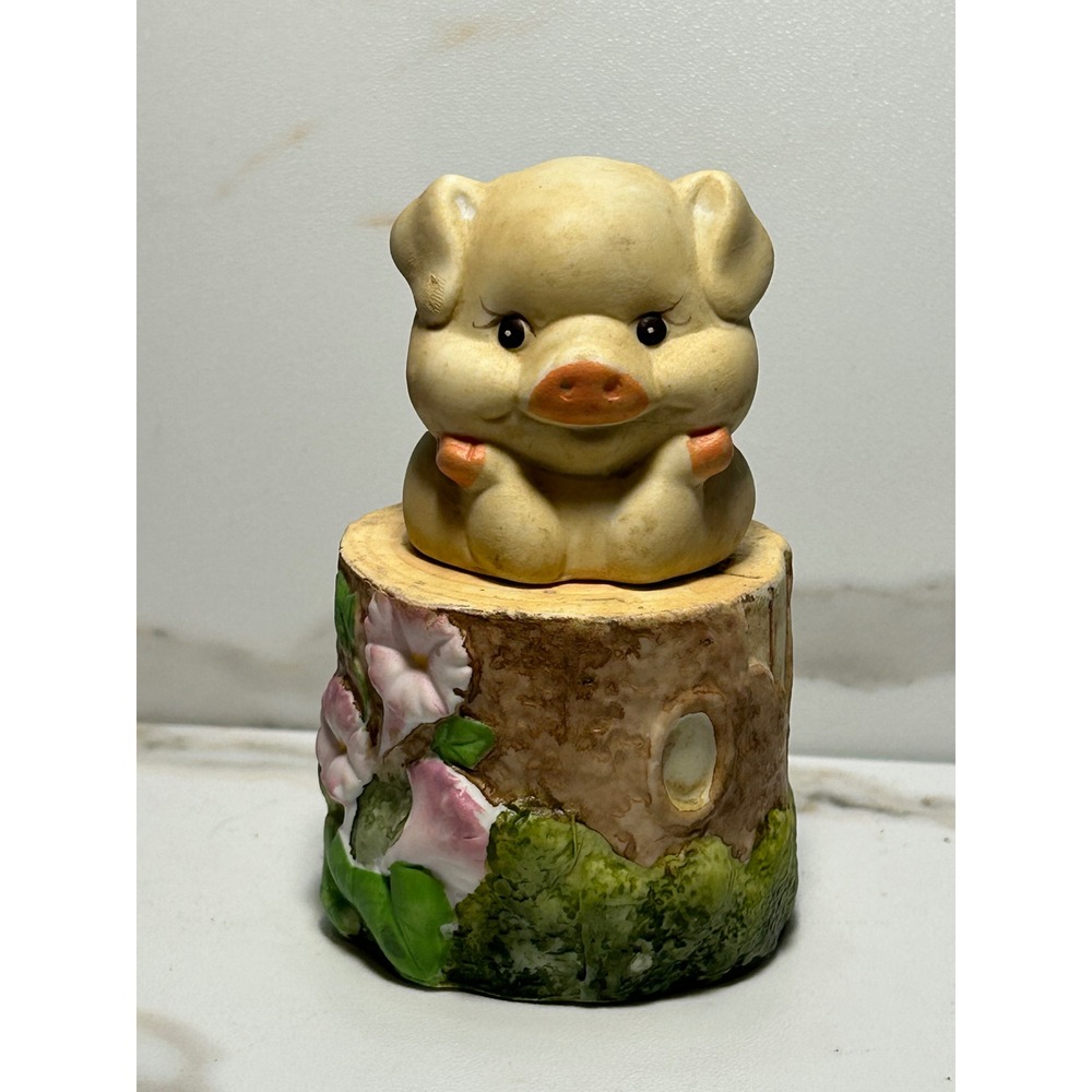 Vintage Pig on Tree Stump Salt and Pepper Shakers Ceramic Floral Morning Glory